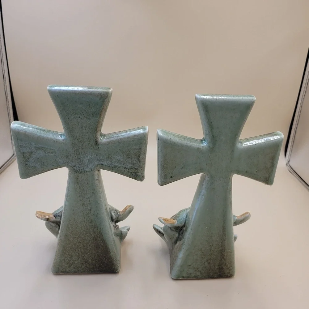 Celtic Cross Ceramic Candle Holder‎ Set of 2 Blue Green Glaze with Birds Decor